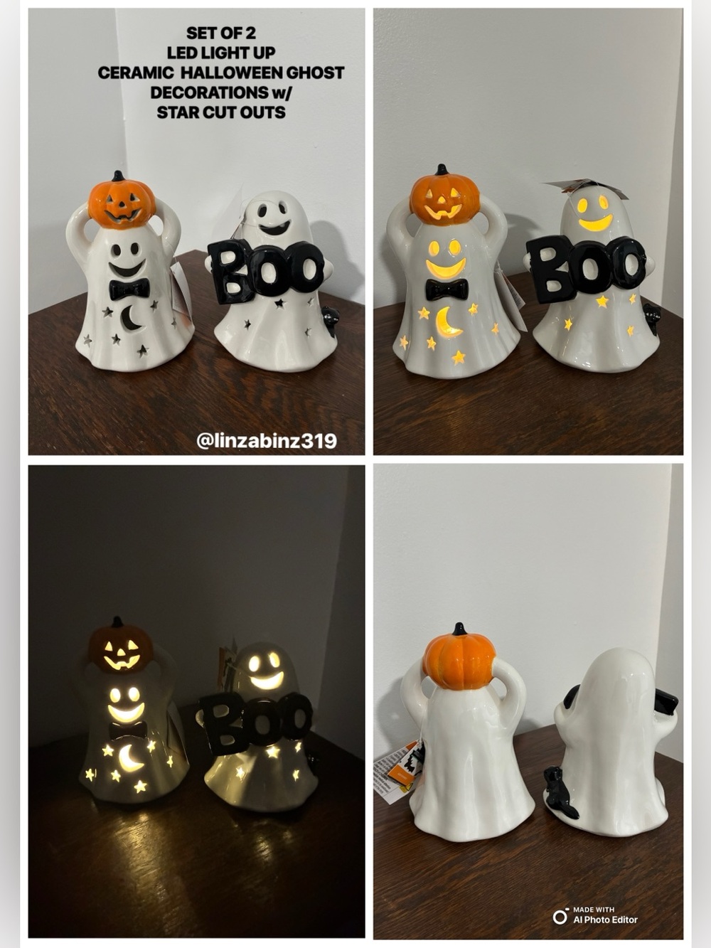 NWT- Set of 2- LED Light Up- Ceramic Halloween Ghosts w/ Star Cut Outs 🎃🐈⬛